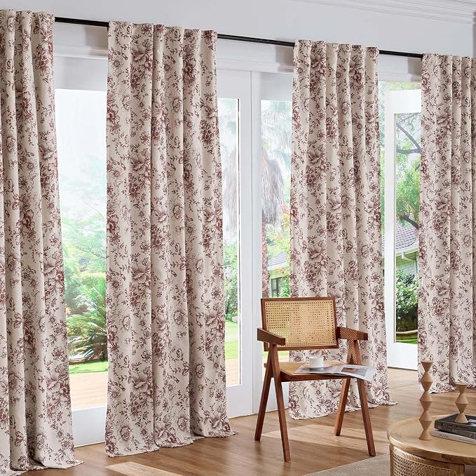 jinchan Red Floral Linen Blackout Curtains Lined 63 Inch Back Tab 2 Panels | - Image 7