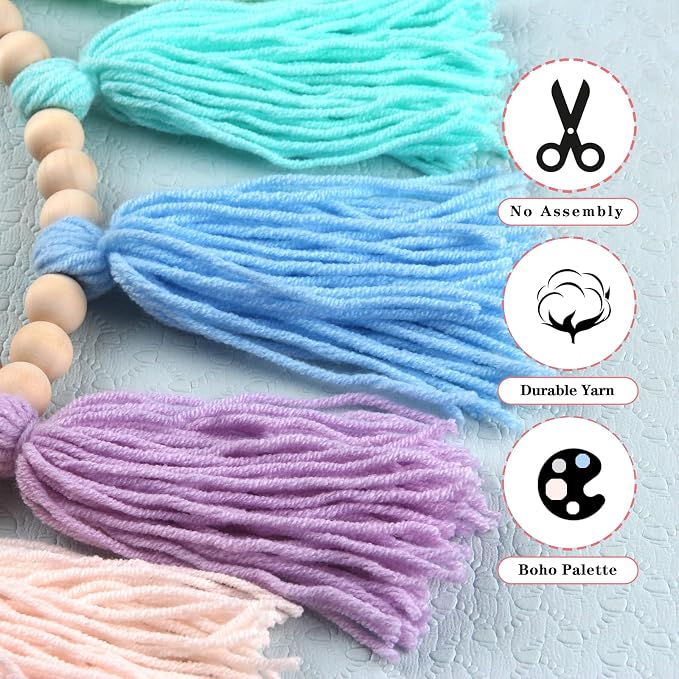 Rainbow Pastel Yarn Wood Bead Tassel Garland Wall Hanging Decor Boho Preppy - Image 7