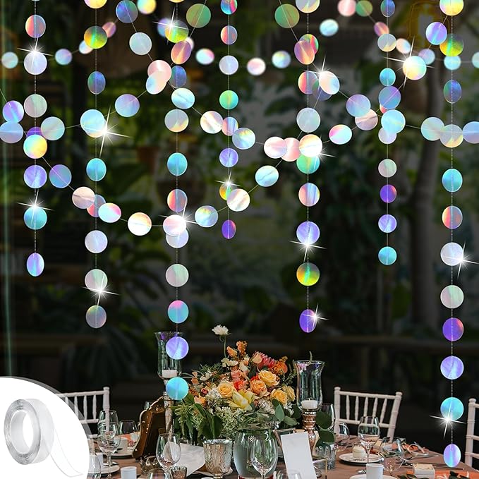 4 Pack Iridescent Party Decorations Holographic Circle Garlands | by Slofunife