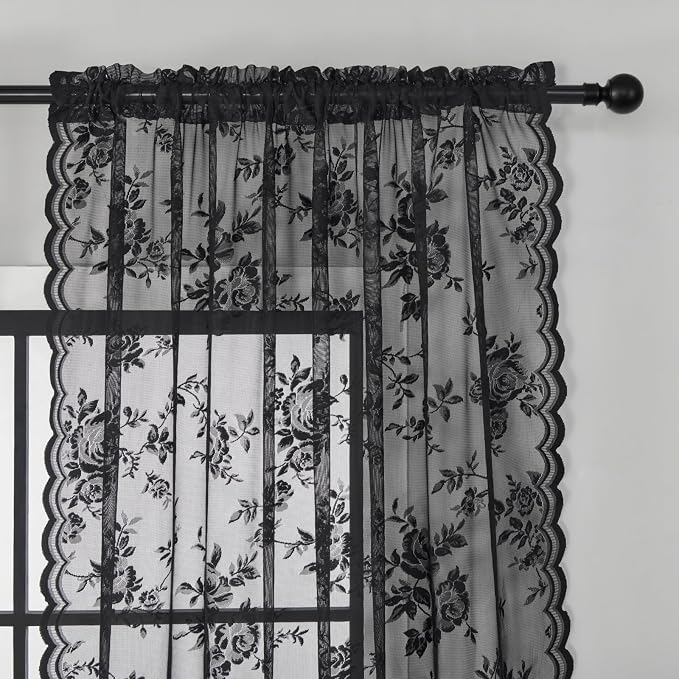 Black Lace Curtains 108 Inches Long Gothic Floral Sheer Curtains - Image 3
