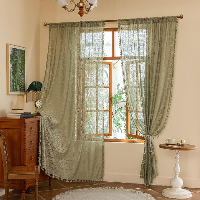 YJ YANJUN Boho Lace Curtains, Sage Green Sheer Window Panels | Geometric by YJYANJUN