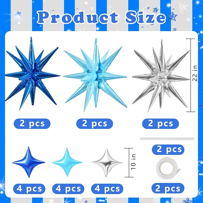 TONIFUL 18Pcs 22Inch Blue Silver Large Explosion Star Mylar Balloons and 10Inch - Image 2