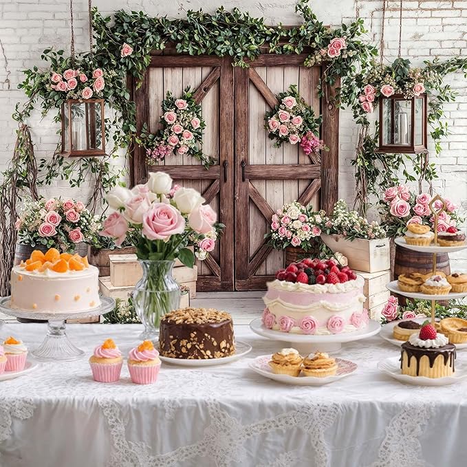 6x4ft Country Wedding Photography Backdrop Floral Rustic Roses Farmhouse Wooden Door Backdrop Pink Flower Birthday Baby Shower Wedding Bridal Party Banner Photo Booth Props Anniversary Background