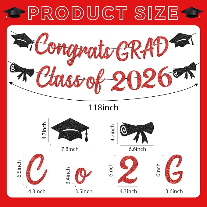 Glitter Red Graduation Decorations Banner, Congrats Grad Banner and Graduation - Image 2