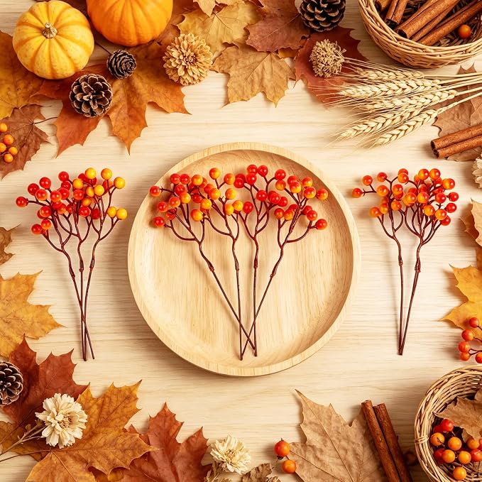 Fangoo 20 Pack 7 Inch Fall Artificial Orange Berry Stems Orange Berries Picks - Image 7