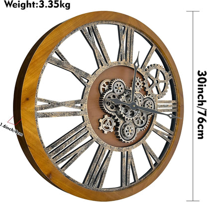 The B-Style Large Real Moving Gears Wall Clock 30 inch Rustic Retro Industrial Farmhouse Wood Clock Oversized Decorative Vintage Wall Clocks for Living Room (Drak Brown and Bronze)
