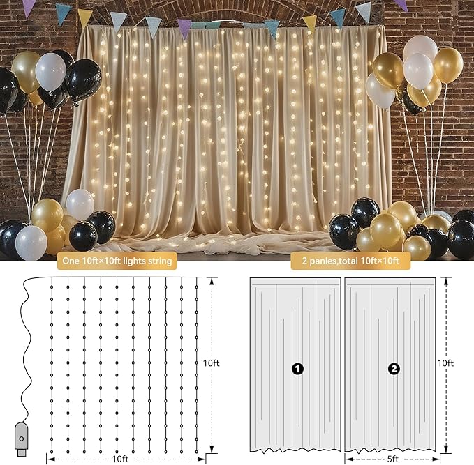 10×8ft Tulle Backdrop Curtains with Lights String - 300LED Fairy Lights Sheer Curtain Backdrop for Weddings Baby Shower and Birthday Party Decorations(2 Panels 5×8ft)