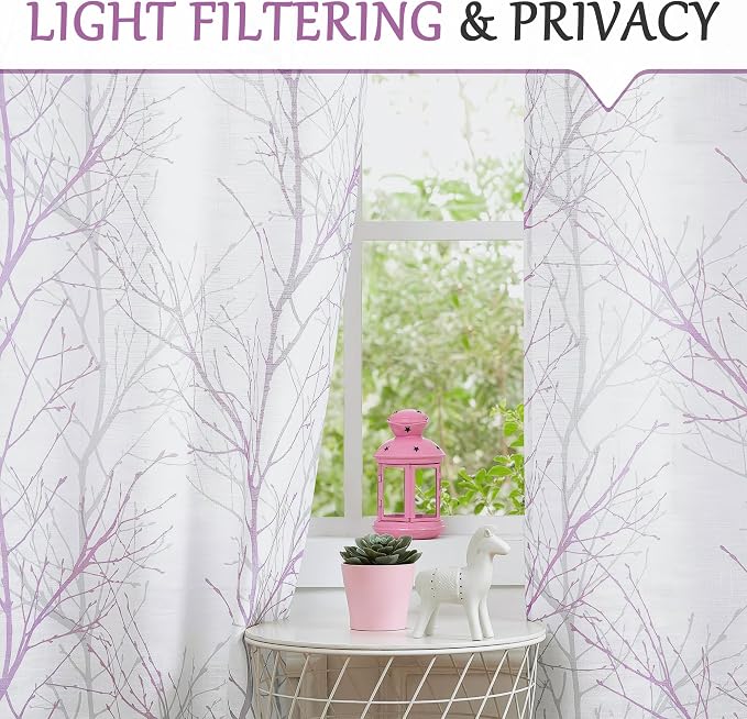 FMFUNCTEX Linen Lilac White Semi Sheer Print Curtains 84 Inch Long 2 Panels | - Image 3