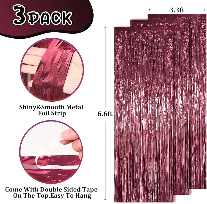 Voircoloria Burgundy Foil Fringe Backdrop Curtains, Birthday Party Decorations - Image 3