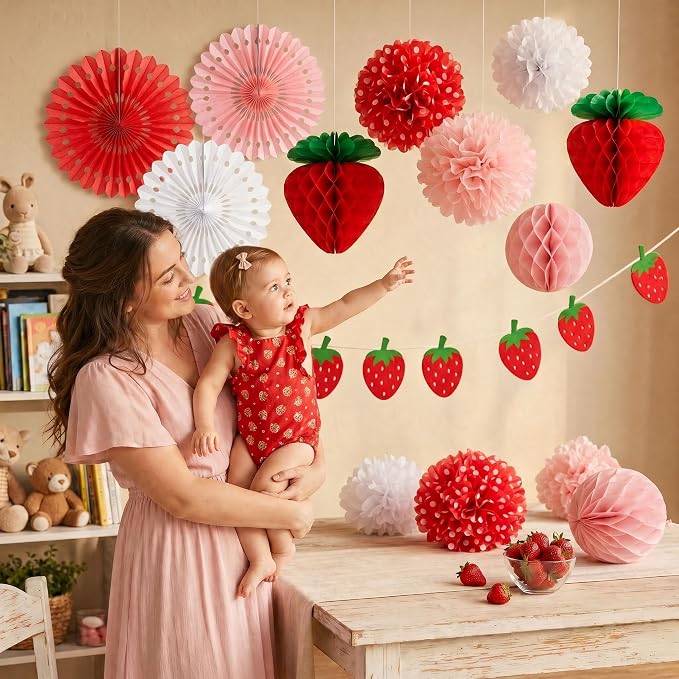 ANSOMO Strawberry Party Decorations Red Pink White Tissue Pom Poms Fans - Image 4