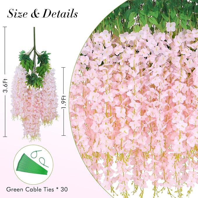 12 Pack Wisteria Hanging Flowers, 3.6 Feet Light Pink Artificial Flowers - Image 4