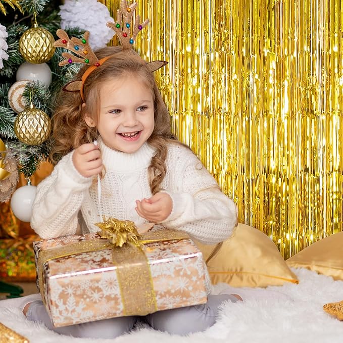 10 Pack Gold Foil Curtain Backdrop 3.2ft x 9.8ft Metallic Tinsel Foil Fringe Curtains Streamer Photo Booth Backdrop for Birthday Party Engagement Bachelorette Party Decorations (Gold)