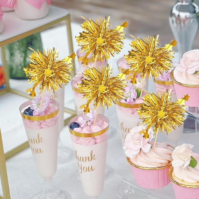 30 PCS Foil Firework Cupcake Toppers Star Cupcake Picks Sparkle Tinsel Flower - Image 5