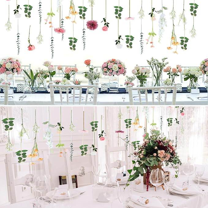 Hoteam 51 Pcs DIY Flower Garland Artificial Hanging Wildflower Backdrop Set Fake Rose Eucalyptus Daisy Poppy Wild Flower Decor for Wedding Party Birthday Home Garden (White,Champagne,Pink)