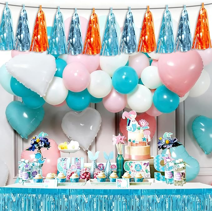 3P Lake Blue Light Blue-Orange Tassel Banner Garland Metallic Foil Fringe - Image 5