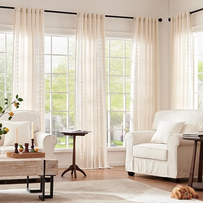 jinchan Floral Linen Curtains Embroidered Back Tab 50x96in 2 Panels Ivory | - Image 5