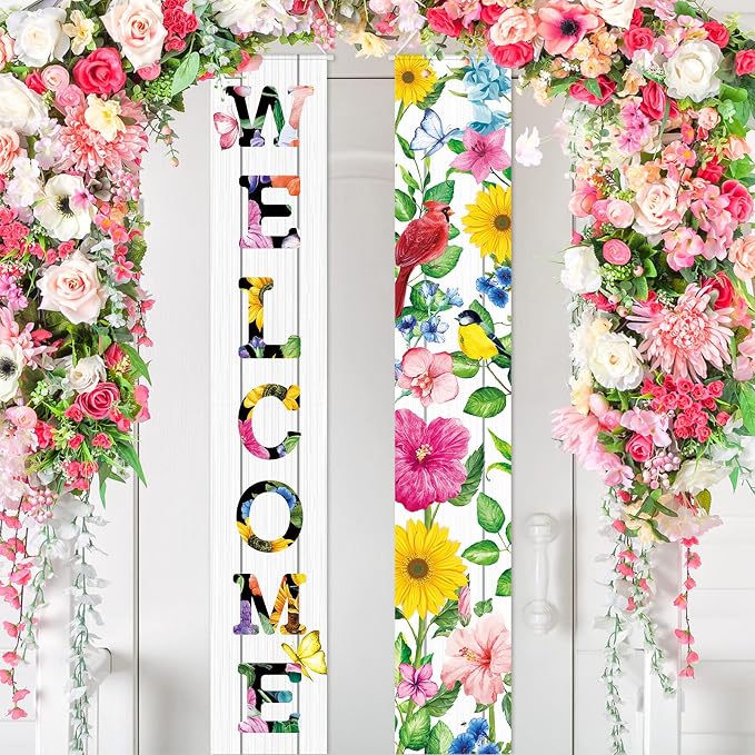 Frienda 2 Pcs Spring Welcome Floral Porch Banners 72"x12" Summer Flower Hanging - Image 7