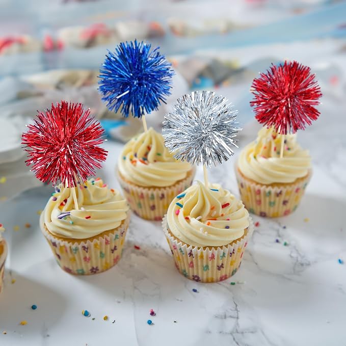 Gyufise 30Pcs Foil Firework Cupcake Toppers Sparkle Tinsel Cake Toppers Tinsel - Image 6