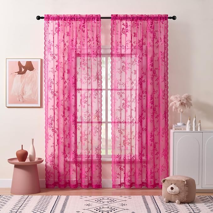 Raspberry Lace Curtains 84 Inches Long 2 Panels Vintage Floral Sheer Curtains - Image 2