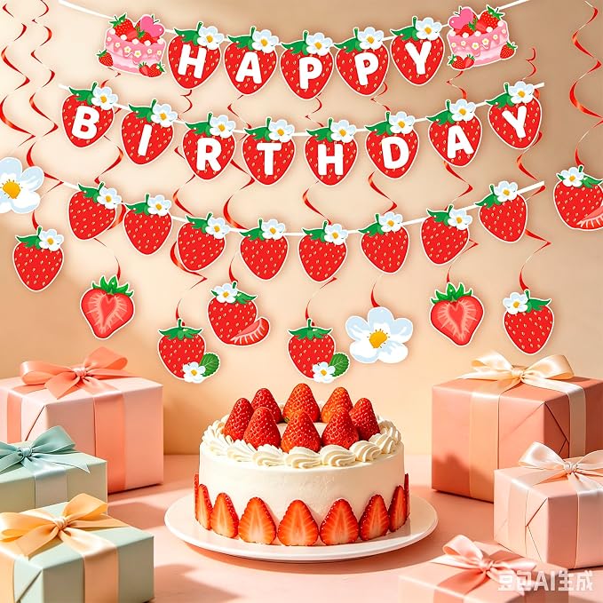 MEETINGU Strawberry Cake Happy Birthday Banner - Image 5