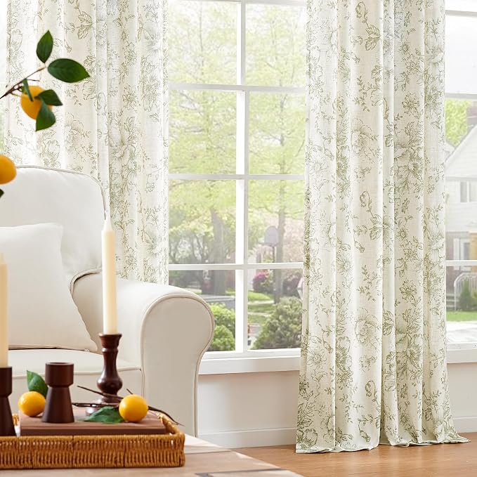 jinchan Green Floral Linen Curtains 63 Inch Vintage Back Tab 2 Panels | Light - Image 7