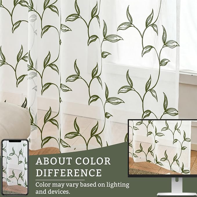 Sheer Curtains Boho Leaf Floral Embroidered Green 54Wx90L | Light Filtering - Image 7