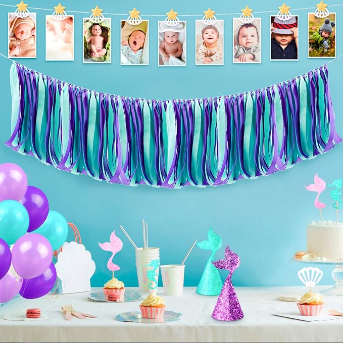 WANDIC Ribbon Tassel Garland, Mermaid Fabric Banner Backdrop Bunting Hanging - Image 6