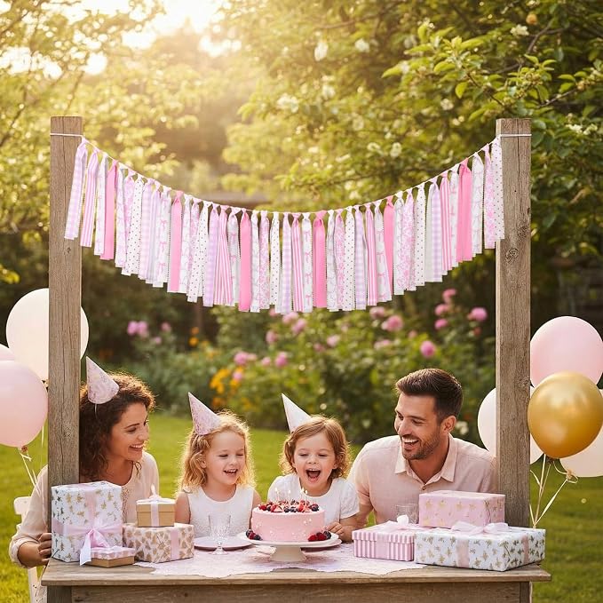 Moukeren Pink Bow Fabric Tassel Garland Coquette Bows Fabric Banner Cotton - Image 4