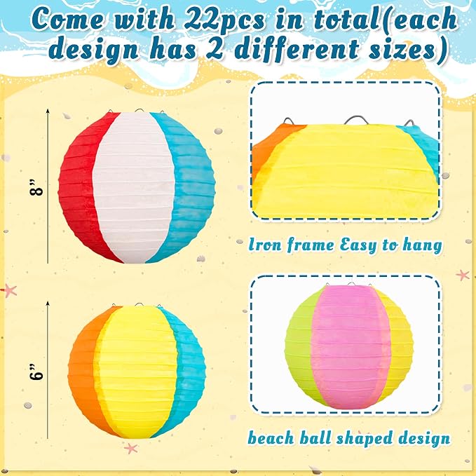 22PCS Beach Ball Paper Lanterns Bulk Pool Summer Luau Hawaiian Tropical Hanging - Image 3