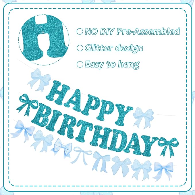 Glitter Lake Blue Bow Happy Birthday Banner Pre-Strung Happy Birthday - Image 2