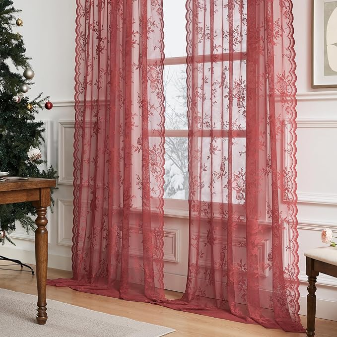 Coral Lace Curtains 54 Inch Length 2 Panels - Image 3