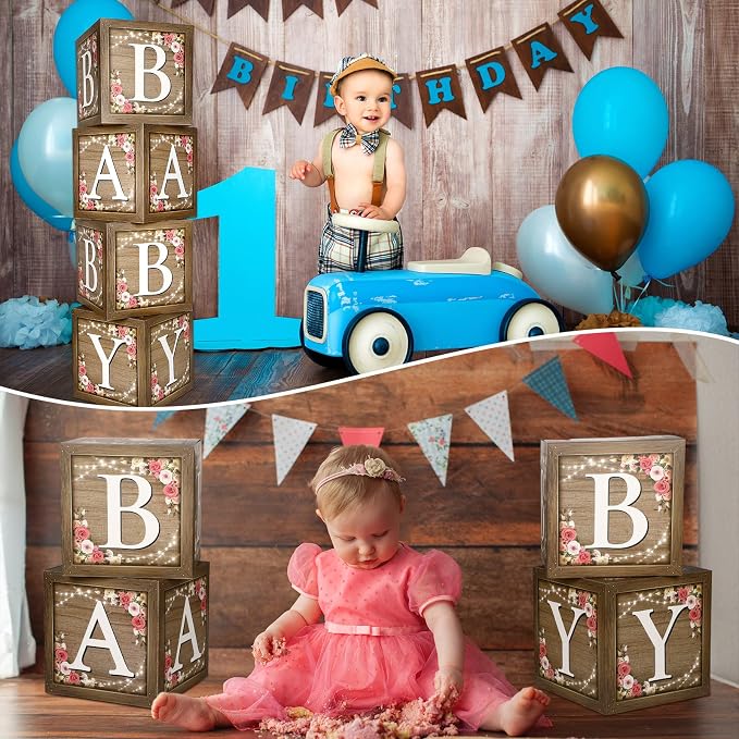 Epakh Baby Boxes with Letters for Baby Shower, Rustic Floral Brown Blocks Bear - Image 4