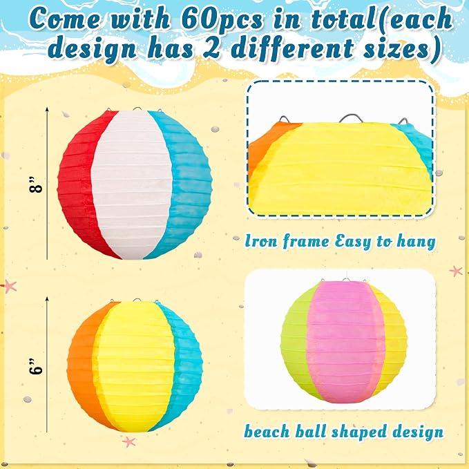 ‎Renbuzhu 60PCS Pool Party Decorations Beach Ball Paper Lanterns Bulk - Image 3