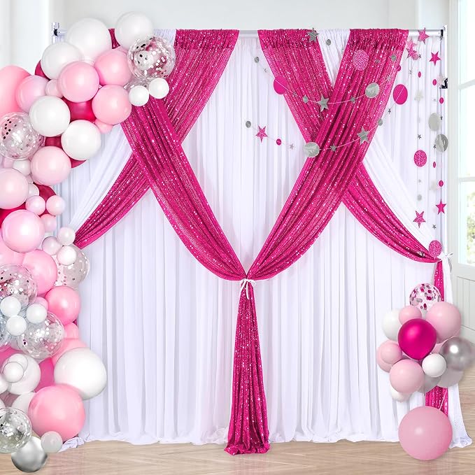 Fuchsia Sequin Backdrop Curtains 4 Pcs 2ftx8ft Glitter Shimmer Fabric | Sparkly - Image 6