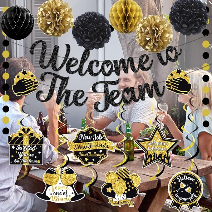 Welcome To The Team Banner Black Glitter, Welcome Banner Circle Dots Garland - Image 6