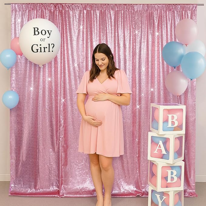SquarePie Sequin Backdrop Less Transparent Background Sparkly Curtain for Wedding Party 8FT x 8FT Fuchsia Pink