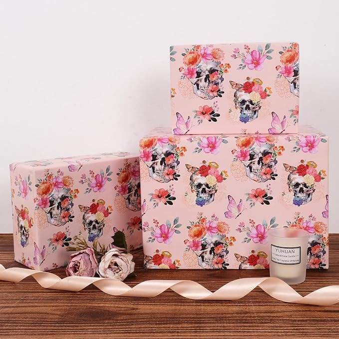 Aimyoo Gothic Wrapping Paper Roll, 17 Inch X 33 Feet Skull Floral Butterfly Design Gift Wrap Paper for Mother's Day, Birthday Bridal Shower