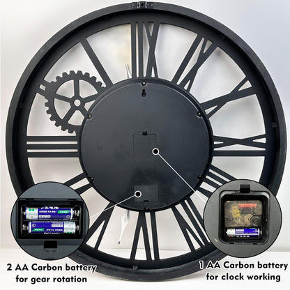 The B-Style Large Real Moving Gears Wall Clock 30 inch Rustic Retro Industrial Farmhouse Wood Clock Oversized Decorative Vintage Wall Clocks for Living Room (Walunt Wood and Bronze)