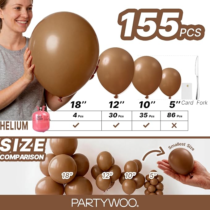 PartyWoo Brown Balloons 155pcs Boho Coffee Tan Fall Color 18 12 10 5 Inch | 18 - Image 6