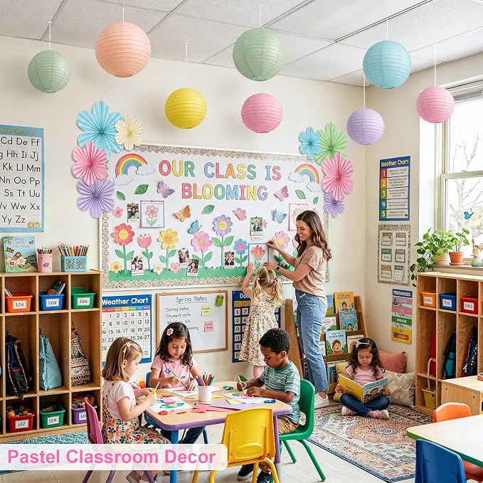 Pastel Classroom Ceiling Decor, 18-Pc Hanging Paper Lanterns & Flower Fans | - Image 2