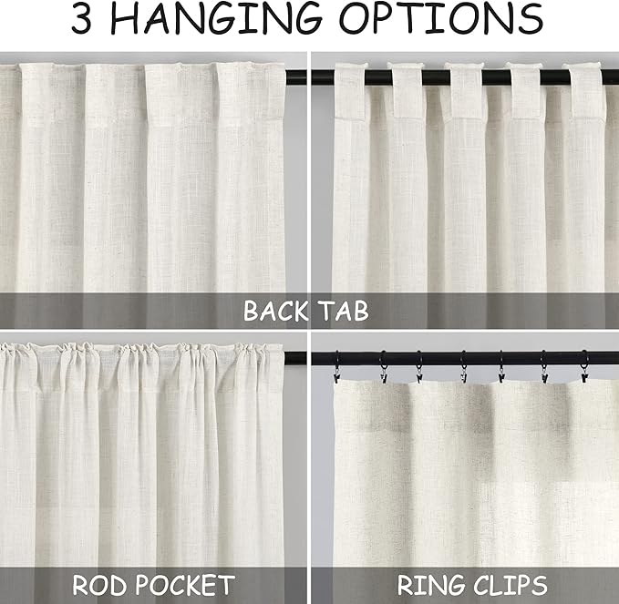Extra Long Cream Linen Curtains 108 Inches Long 2 Panels Set - Image 2