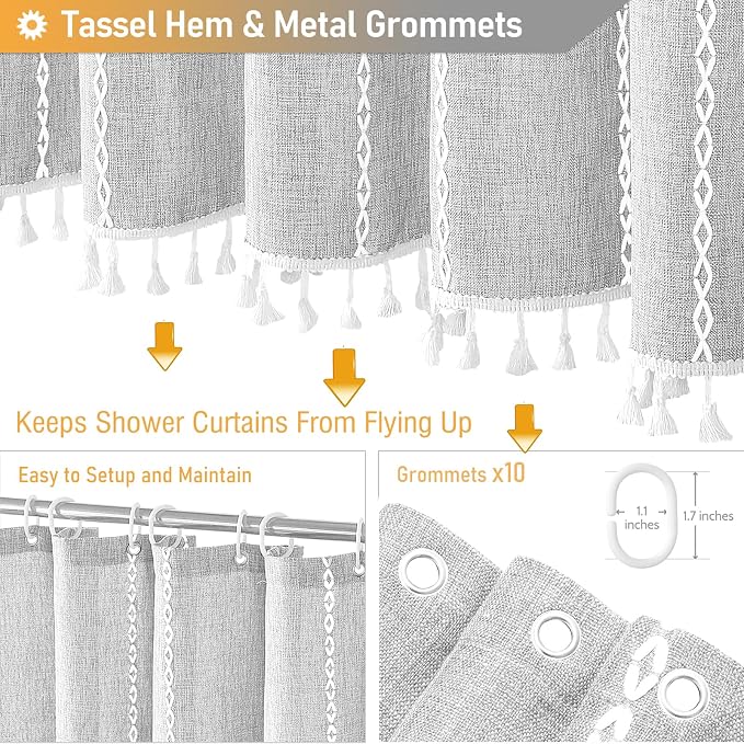 60 x 84 Boho Linen Heavy Duty Cloth Shower Curtain Set, 330GSM Linen Blend - Image 5