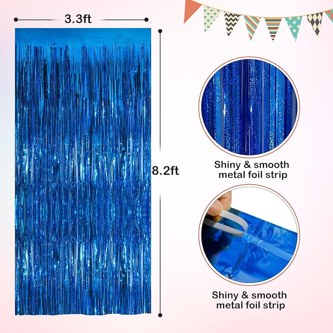Blue Metallic Tinsel Foil Fringe Curtains, 2 Pack 3.3x8.3 Feet Party Streamer - Image 2