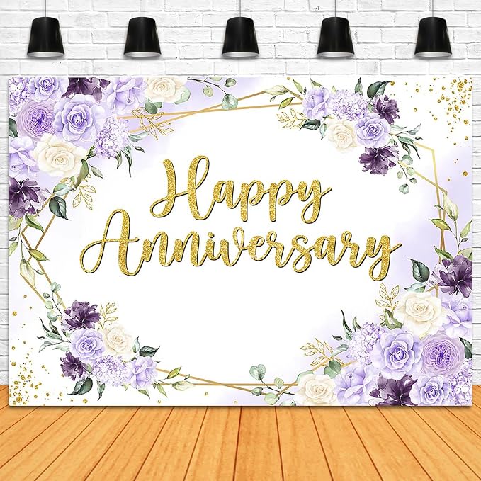Happy Anniversary Backdrop Purple and White Flowers Anniversary Party - Image 3