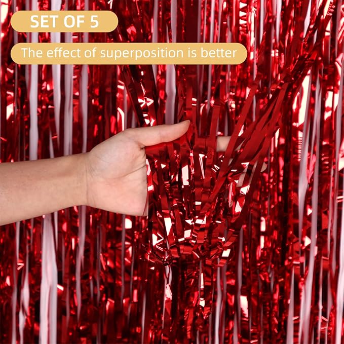 5 Pack Red Fringe Backdrop Curtains 3.2ft x 8.2ft Tinsel Foil Fringe Curtains - Image 2