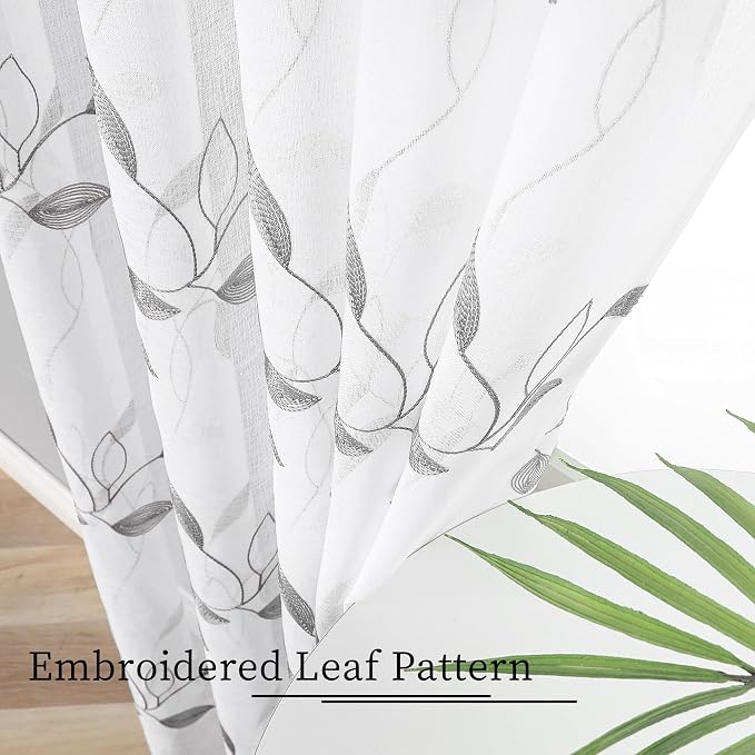 Tollpiz Grey Leaf Sheer Curtains Living Room 54 x 63 Inches | Leaves - Image 3