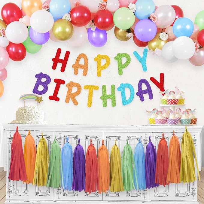 Rainbow Happy Birthday Banner and Paper Tassel Garland - Image 3