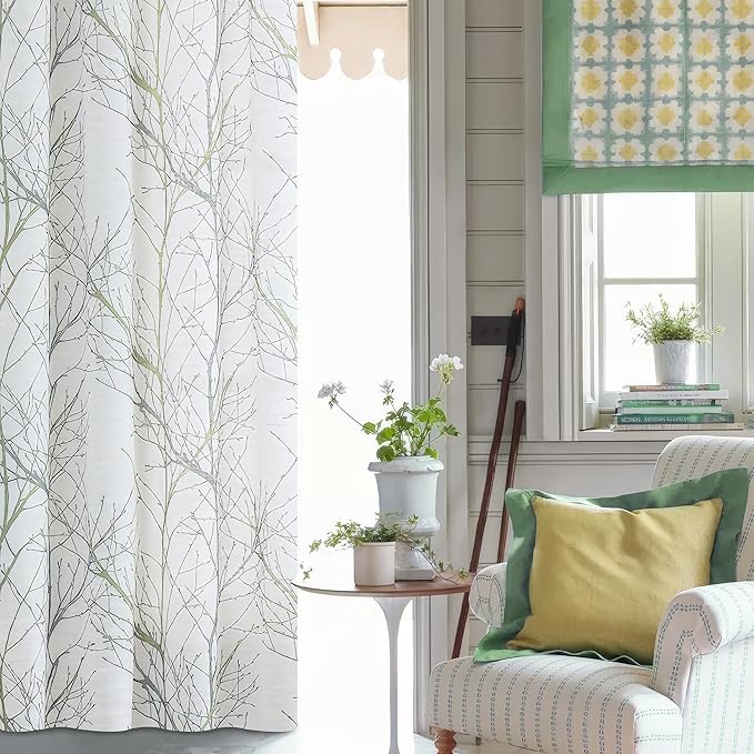 FMFUNCTEX Linen Sage Green White Semi Sheer Print Curtains 96 Inch 2 Panels | - Image 5