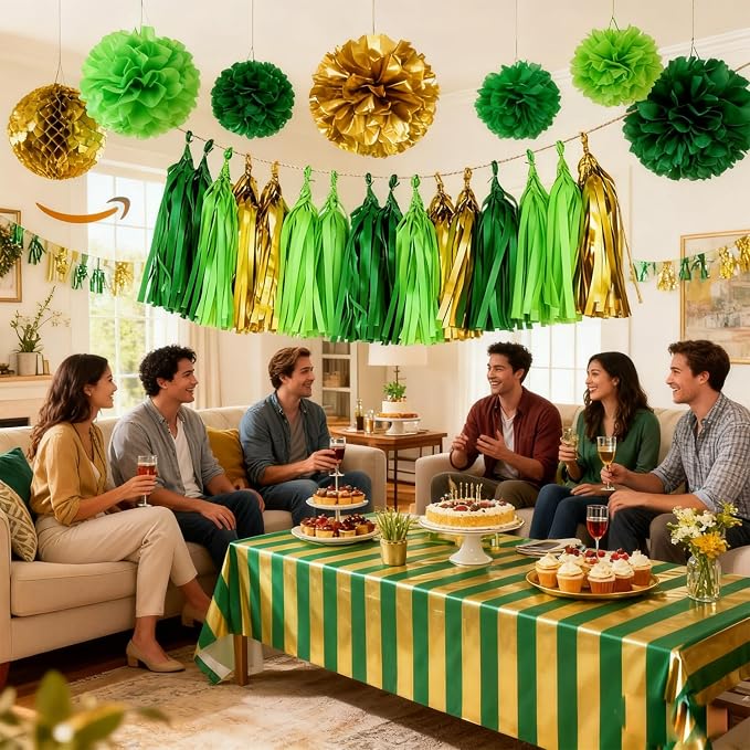Green and Gold Tassel Garland Banner, 20 Pack Paper Tassels Streamers - Image 3