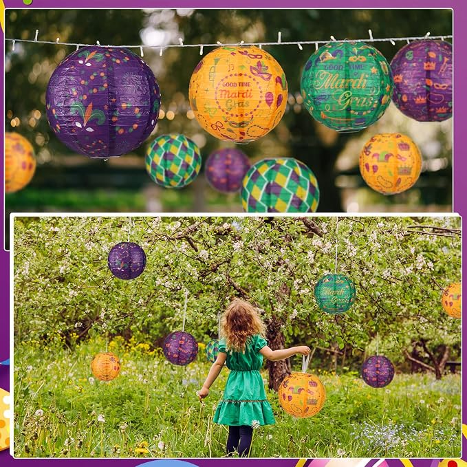 Panelee 12 Pcs Mardi Gras Party Decorations Paper Lanterns Carnival Yellow - Image 4